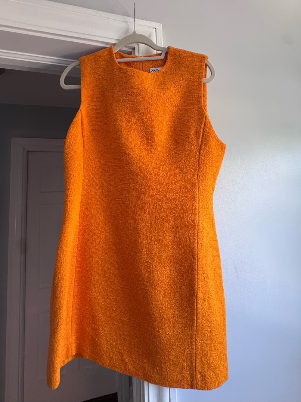 Zara Tangerine Orange Textured Bouclé Tweed Mini Dress Size L